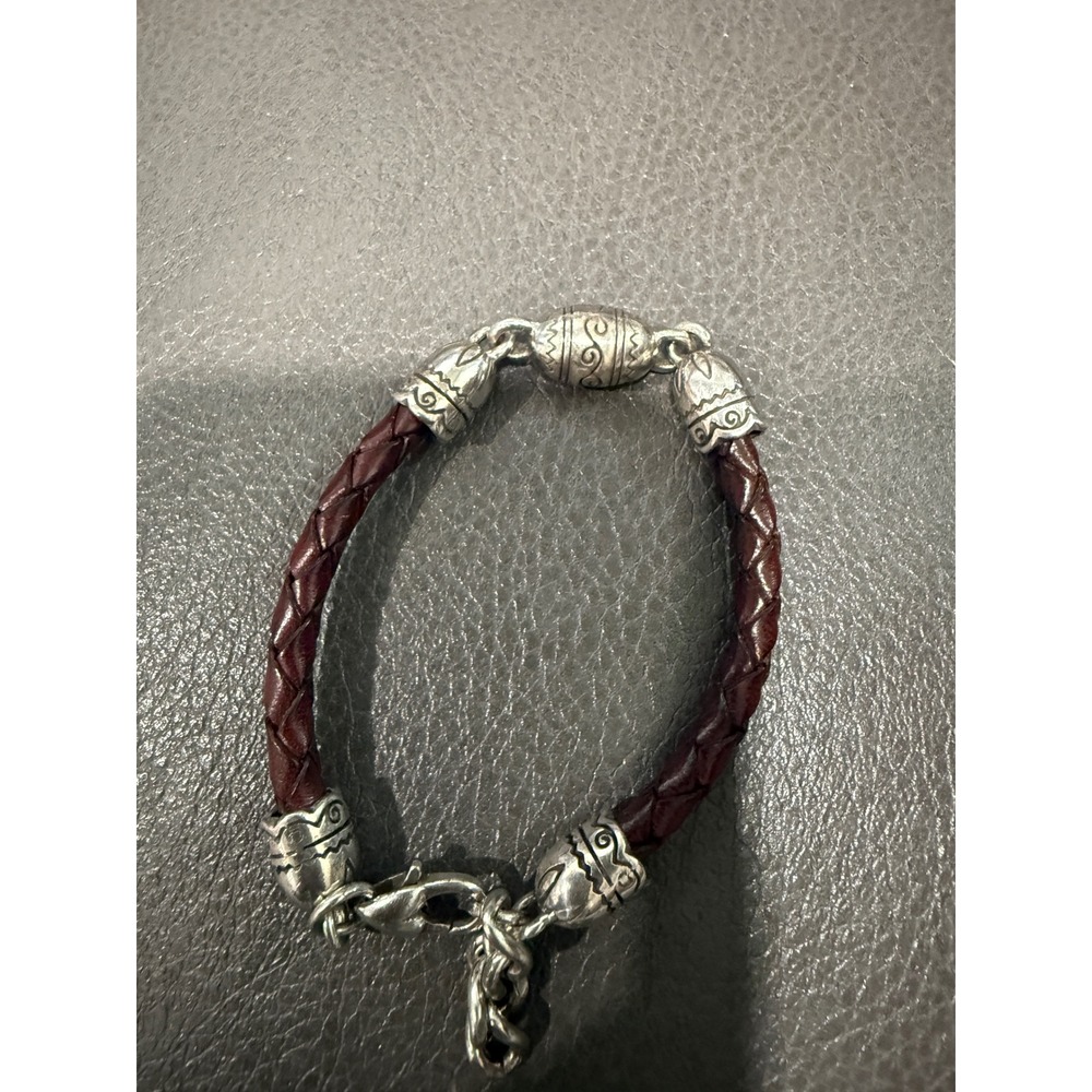 Burgundy Braided Leather Bracelet Silver Tone Scrollwork Tribal Boho Adjustable - Picture 2 of 2